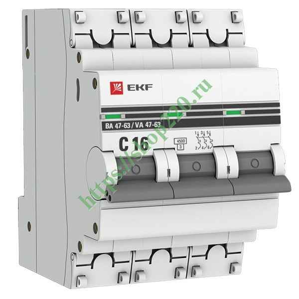 Автомат  3п 16А (C) (ВА 47-63) 4,5kA EKF PROxima