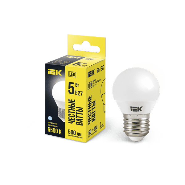 Лампа ЛЕД  E27  5Вт шар.мат.6,5К LED Globe G45 400lm 6500k E27 IEK