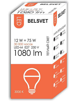 Лампа ЛЕД  E27 12Вт А60 3К LED-M Белсвет 41501