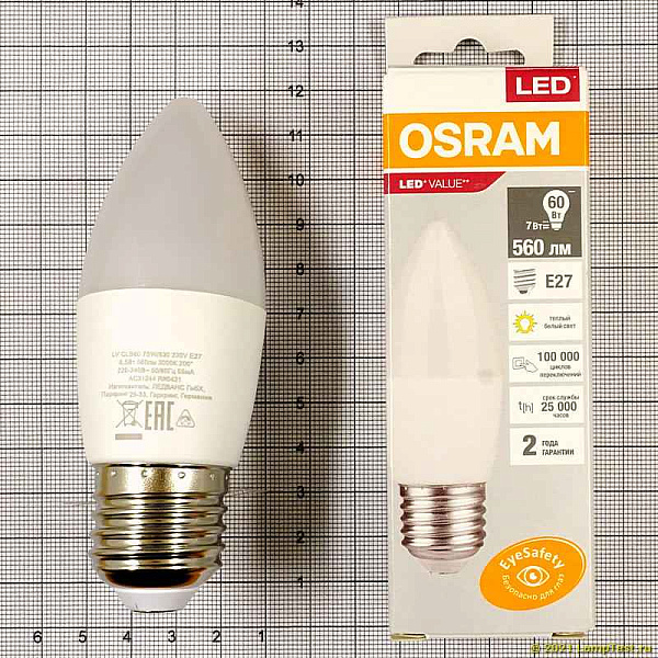 Лампа ЛЕД  E27  7,0Вт свеча мат.3К LVCLB60 7SW/830 230V RU OSRAM