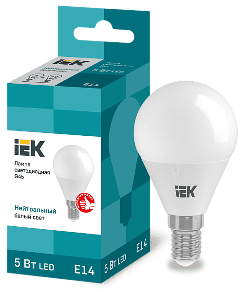 Лампа ЛЕД  E14  5Вт шар мат.4К LED Globe G45 400lm 4000K E14 IEK