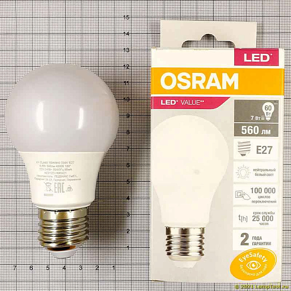 Лампа ЛЕД  E27  7,0Вт 4К 103x58мм LVCLA60 7SW/840 230V RU OSRAM