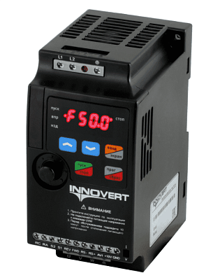 0,25 кВт (вх: 1ф x 220В / вых: 3ф х 220В) Преобразователь INNOVERT ISD251M21E-NF-ENG mini PLUS, выходной ток 1.5 А, естественное охлаждение, английская раскладка панели INNOVERT