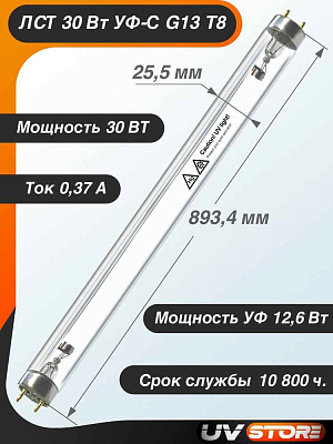 Лампа у/ф 30W G13 бактериц. ЛCТ 30 Вт УФ-С  G13 T8 ФС FGSL30000101315