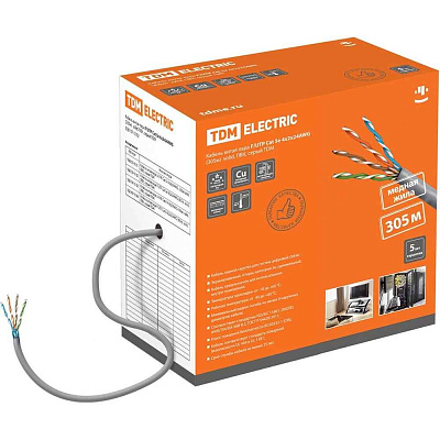 Кабель Витая пара 4x2x0.51 внутр. (4x2x24AWG) F/UTP 5e, solid, PVC, внутр.305м, серый,  ИЭК