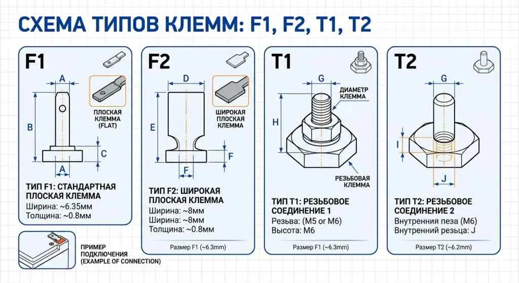 Схема типов клемм аккумуляторов для ИБП