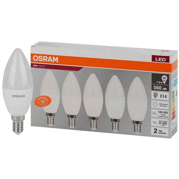 Лампа ЛЕД  E14  7Вт свеча мат.4К LVCLB60 7SW/840 230V RU OSRAM