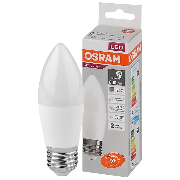 Лампа ЛЕД  E27 10Вт свеча мат.3К LVCLB75 10SW/830 230V RU OSRAM